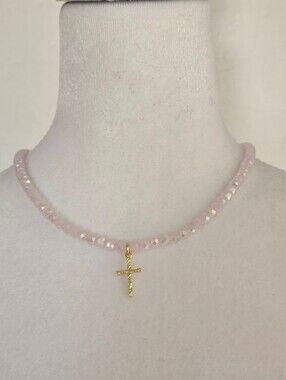 Delicate Pink Beaded Necklace with Gold Cross Pendant